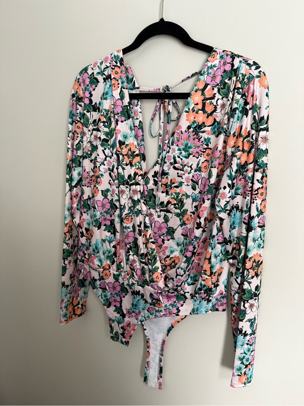 BCBGeneration Floral V-Neck Long Sleeve Bodysuit in Pink, Orange & Green